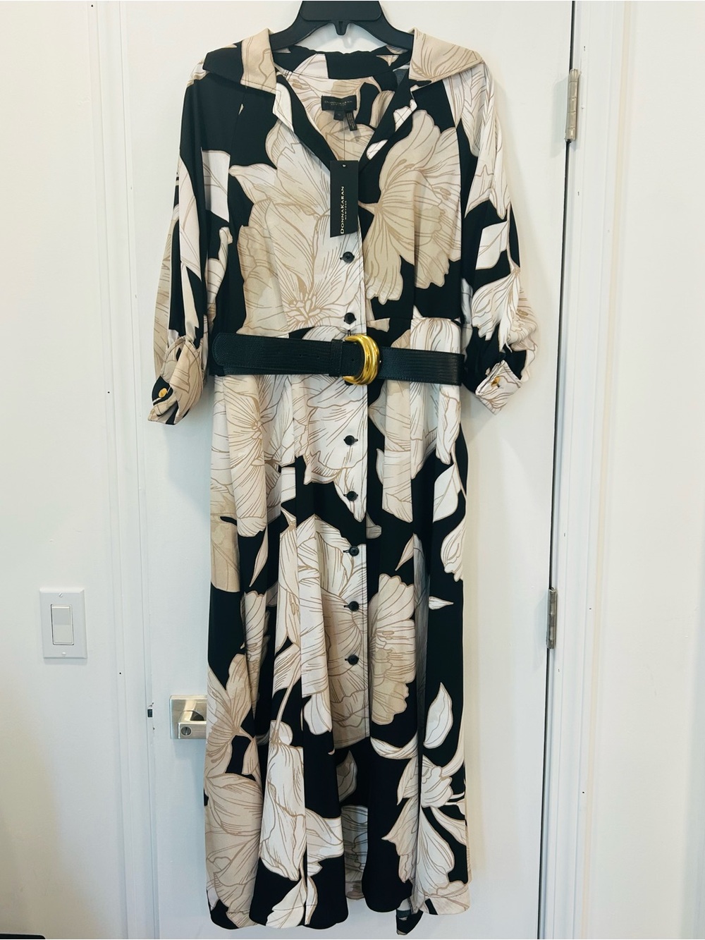 Donna Karan Black and Cream Floral Maxi Shirt Dress NWT